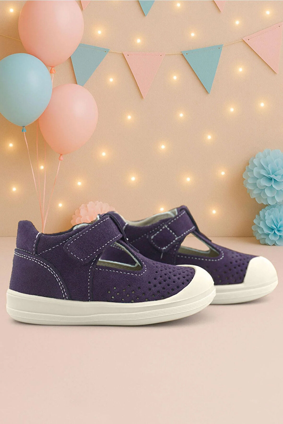 Rakerplus Shaun Hakiki Deri Mor Beyaz Cırtlı Anatomik Bebek Sandalet