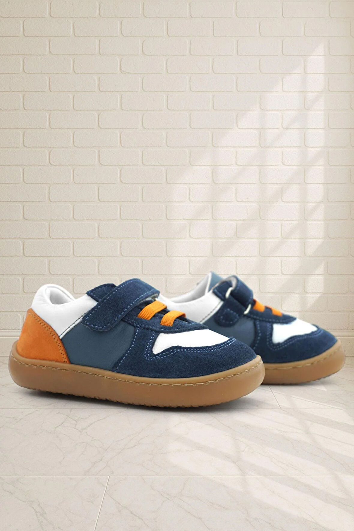 Rakerplus Bob Hakiki Deri Lacivert Beyaz Barefoot Cırtlı Lastikli Bebek Sneaker Ayakkabı