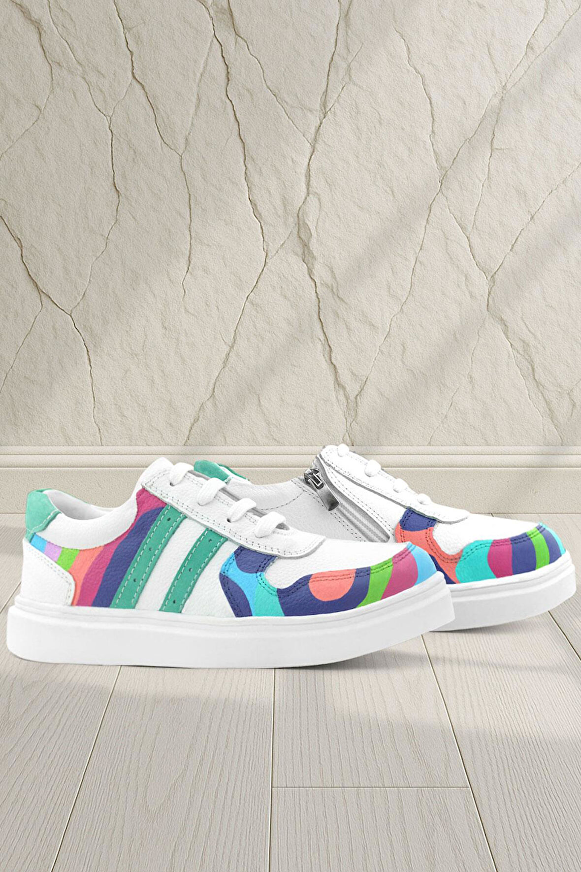 Rakerplus Tbons Özel Tasarım Hakiki Deri Beyaz Yeşil Bağcıklı Fermuarlı Çocuk Sneaker