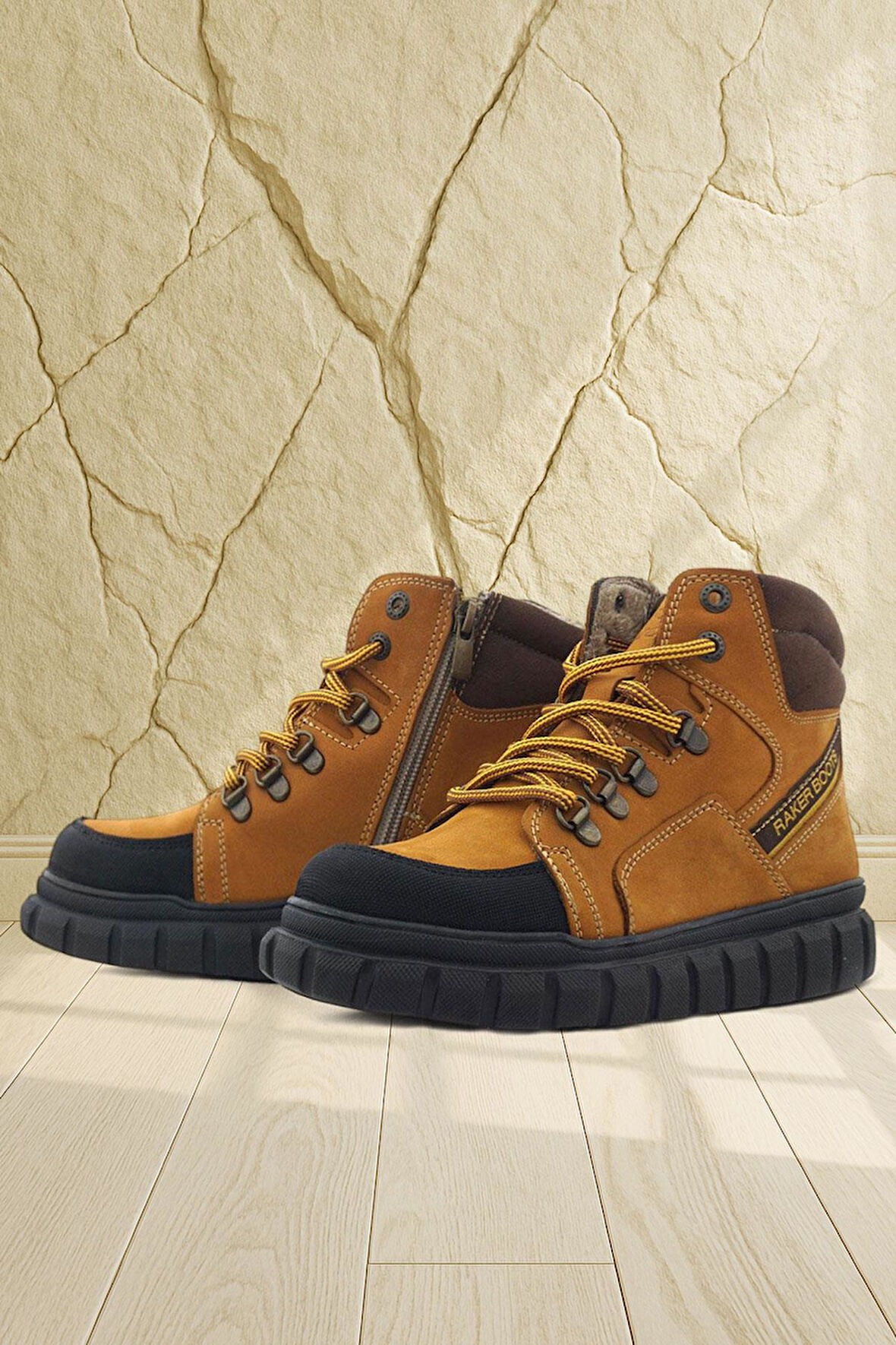 Rakerplus Hakiki Deri Sarı Kahverengi Fermuarlı Erkek Çocuk Bot