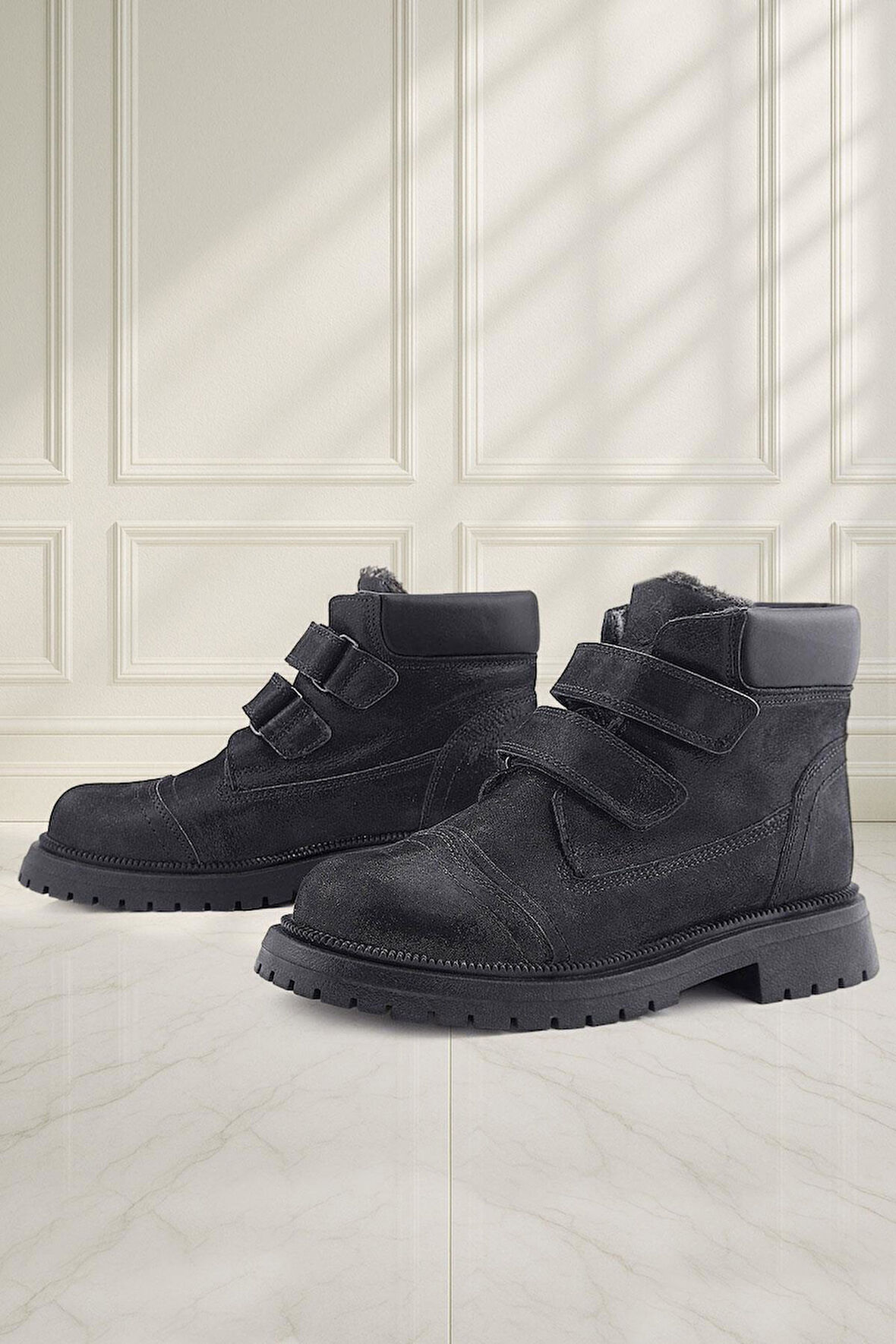 Rakerplus Siyah Simli Cırt Cırtlı Hakiki Deri Kız Çocuk Bot