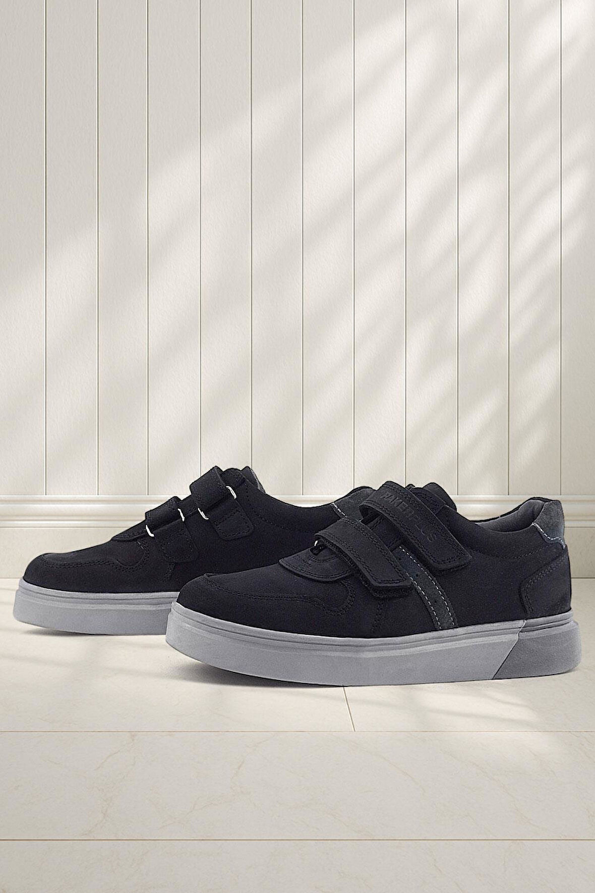 Rakerplus Hakiki Deri Siyah Nubuk Gri Cırtlı Erkek Çocuk Sneaker