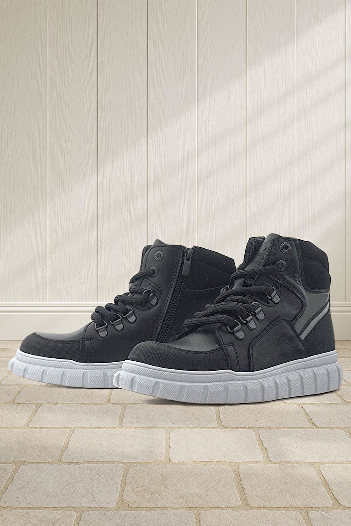 Rakerplus Hakiki Deri Siyah Gri Fermuarlı Erkek Çocuk Bot