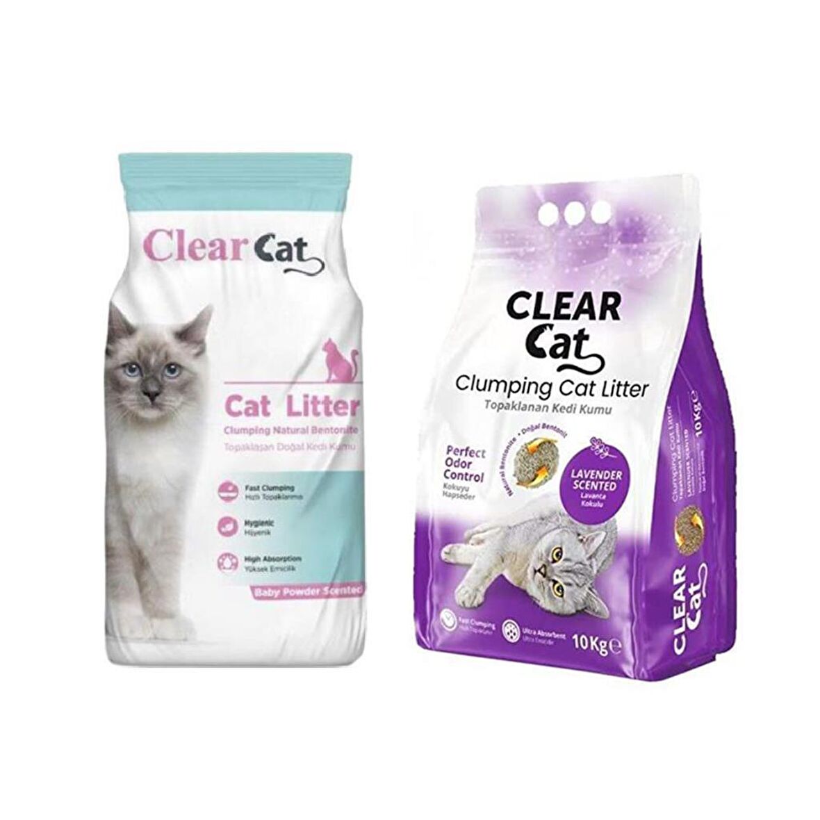 ClearCat Lavantalı Topak Bento Kedi Kumu İnce 10 Lt + Pudralı Bentonit Kedi Kumu İnce 10 Lt