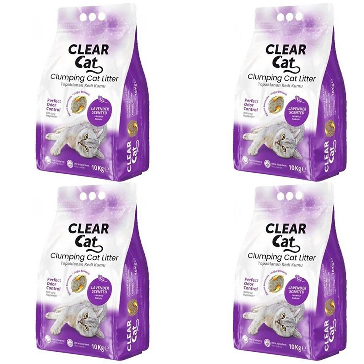 ClearCat Lavantalı Topaklanan  Bentonit Kedi Kumu İnce 10 Kg X 4 Adet