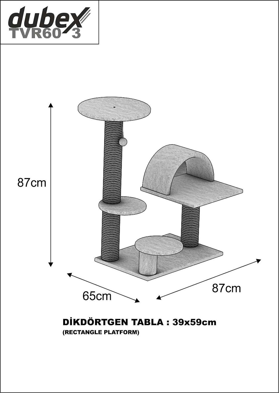 Dubex 65x87x87 cm Kedi Oyun Evi ve Tırmalama Platformu Siyah