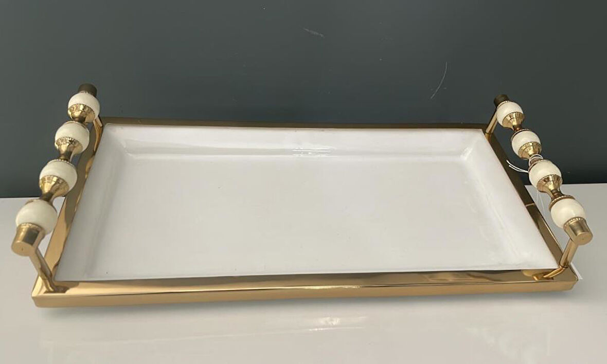 LAMEDOR  KULPLU BEYAZ GOLD KÜÇÜK DİKDÖRTGEN TEPSİ 18*36*8 CM