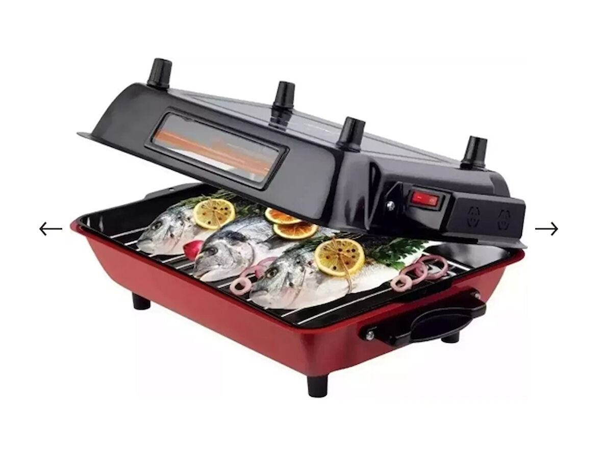 Mina Cam Göstergeli Emaye Tepsili 1100W Paslanmaz Krom Telli Cızbız Kapaklı Elektrikli Izgara