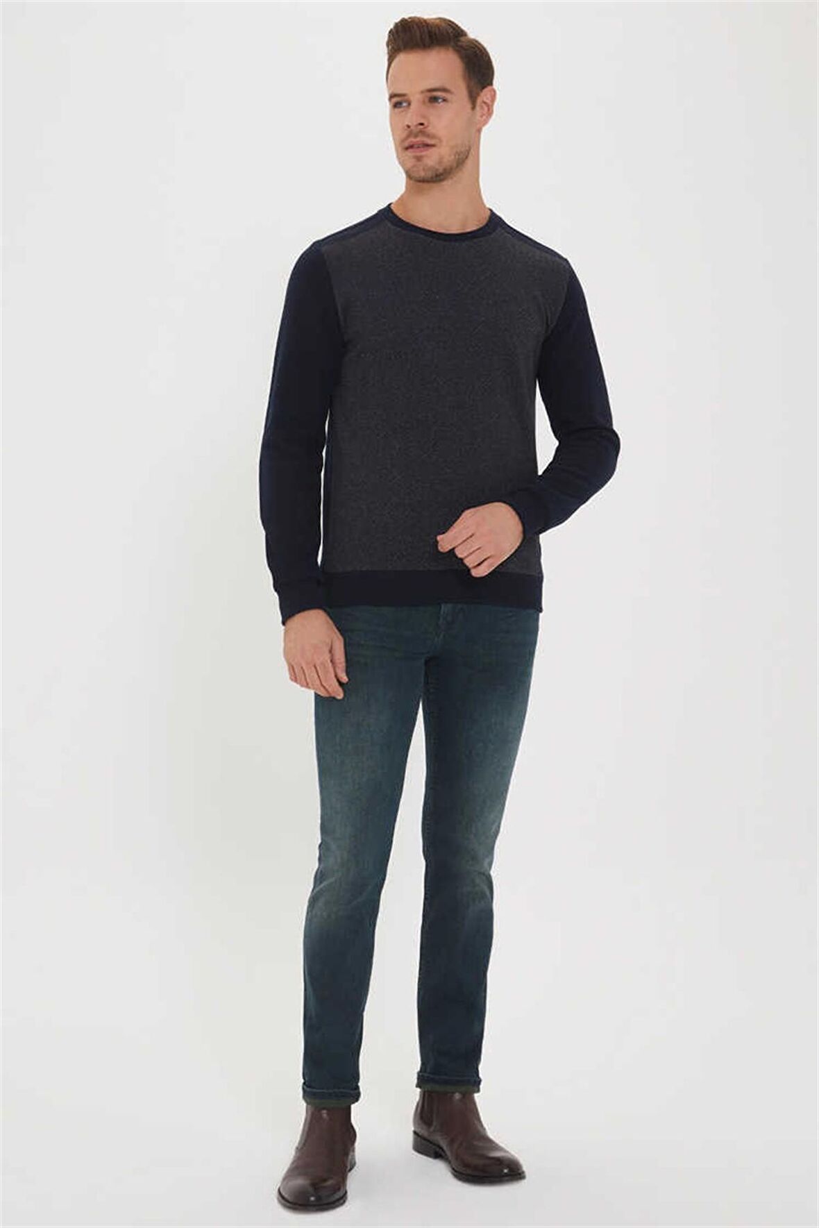 Newdiagonal Erkek Bisiklet Yaka Sweatshirt Lacivert