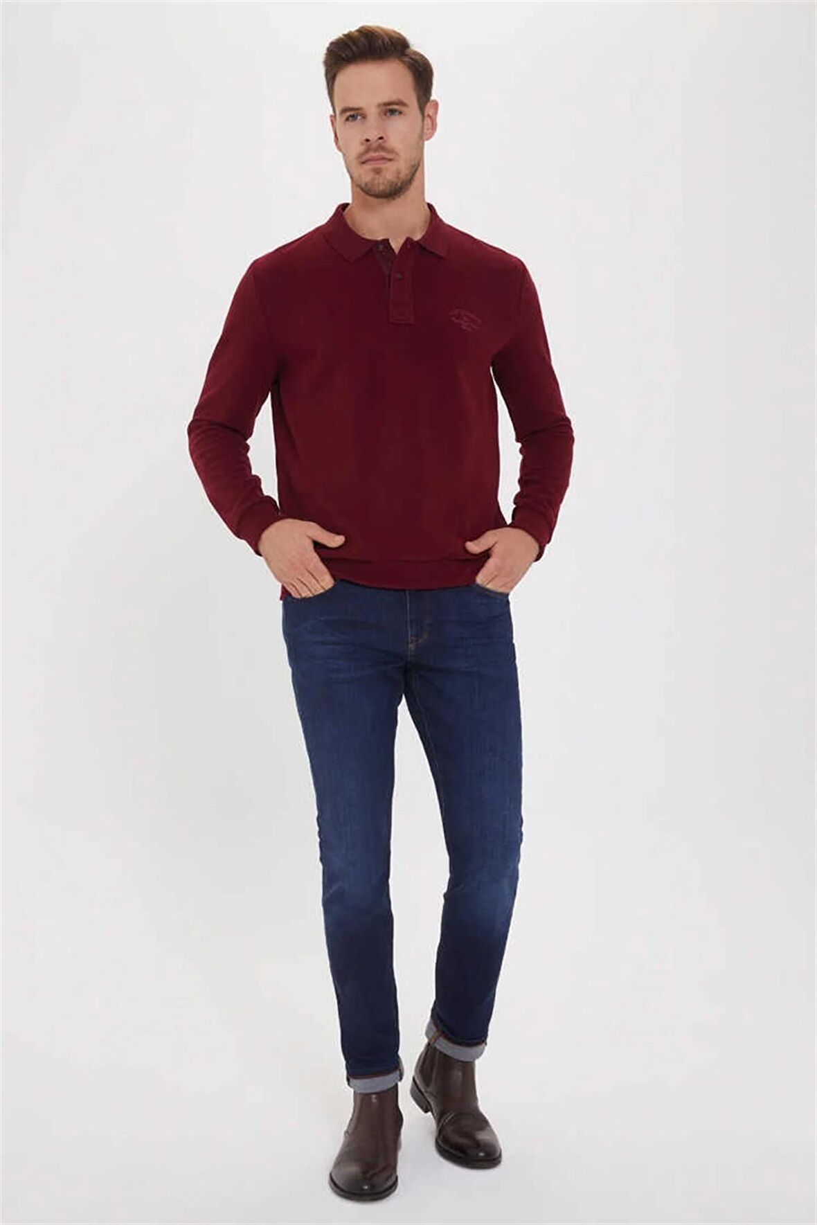 Newblend Erkek Polo Yaka Sweatshirt Bordo