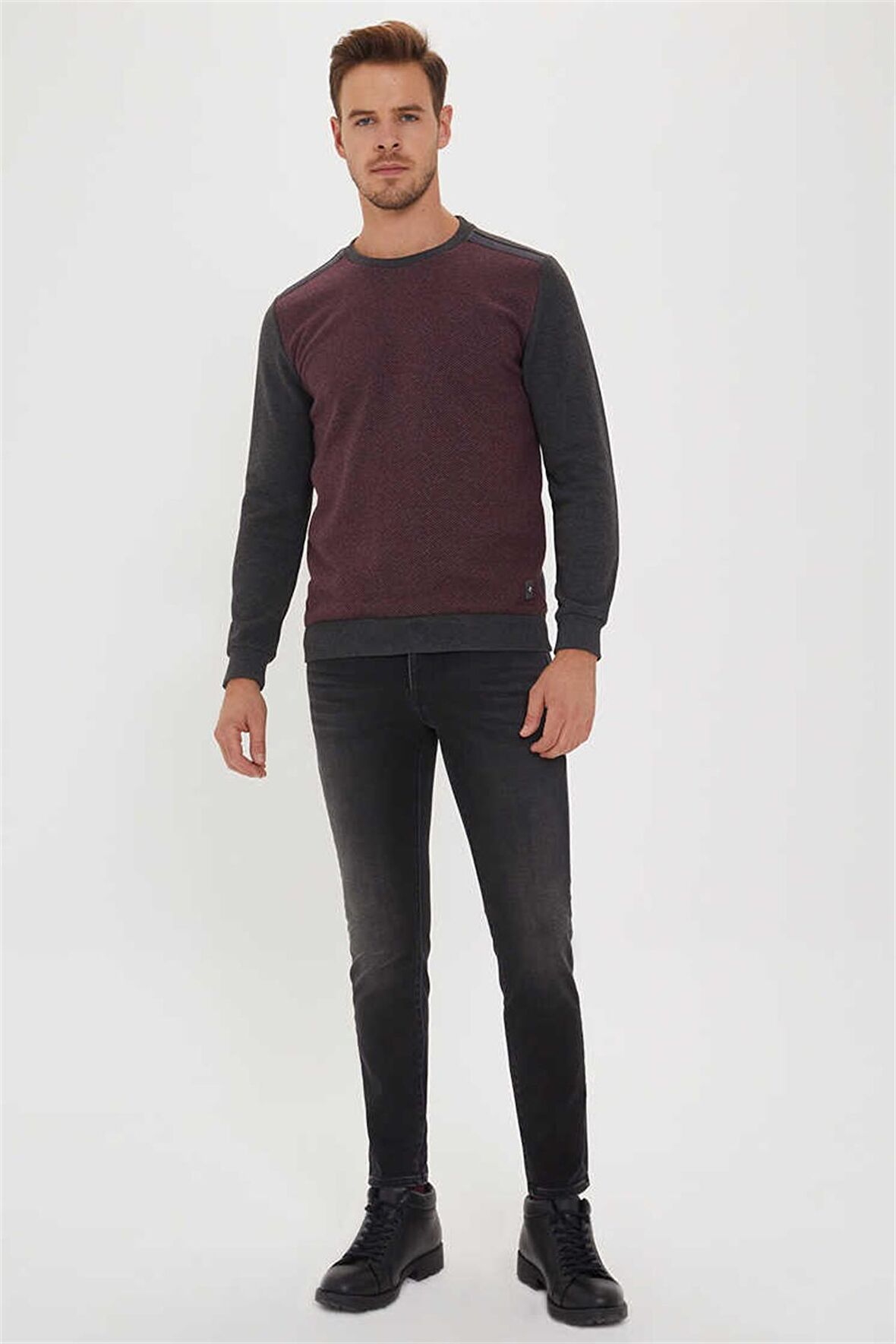 Newdiagonal Erkek Bisiklet Yaka Sweatshirt Bordo