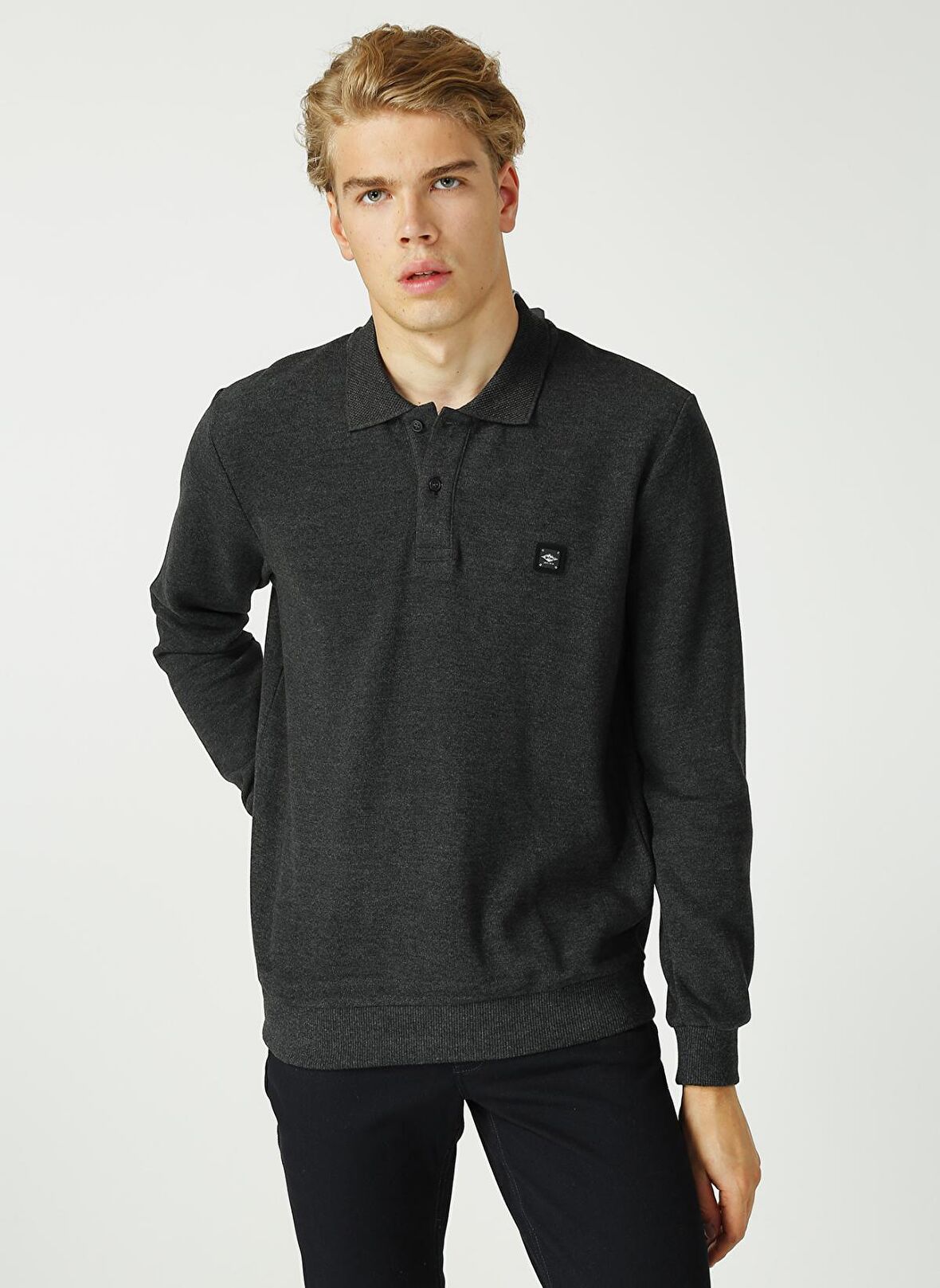 Lee Cooper Polo Yaka Düz Desen Antrasit Erkek Melanj Sweatshirt