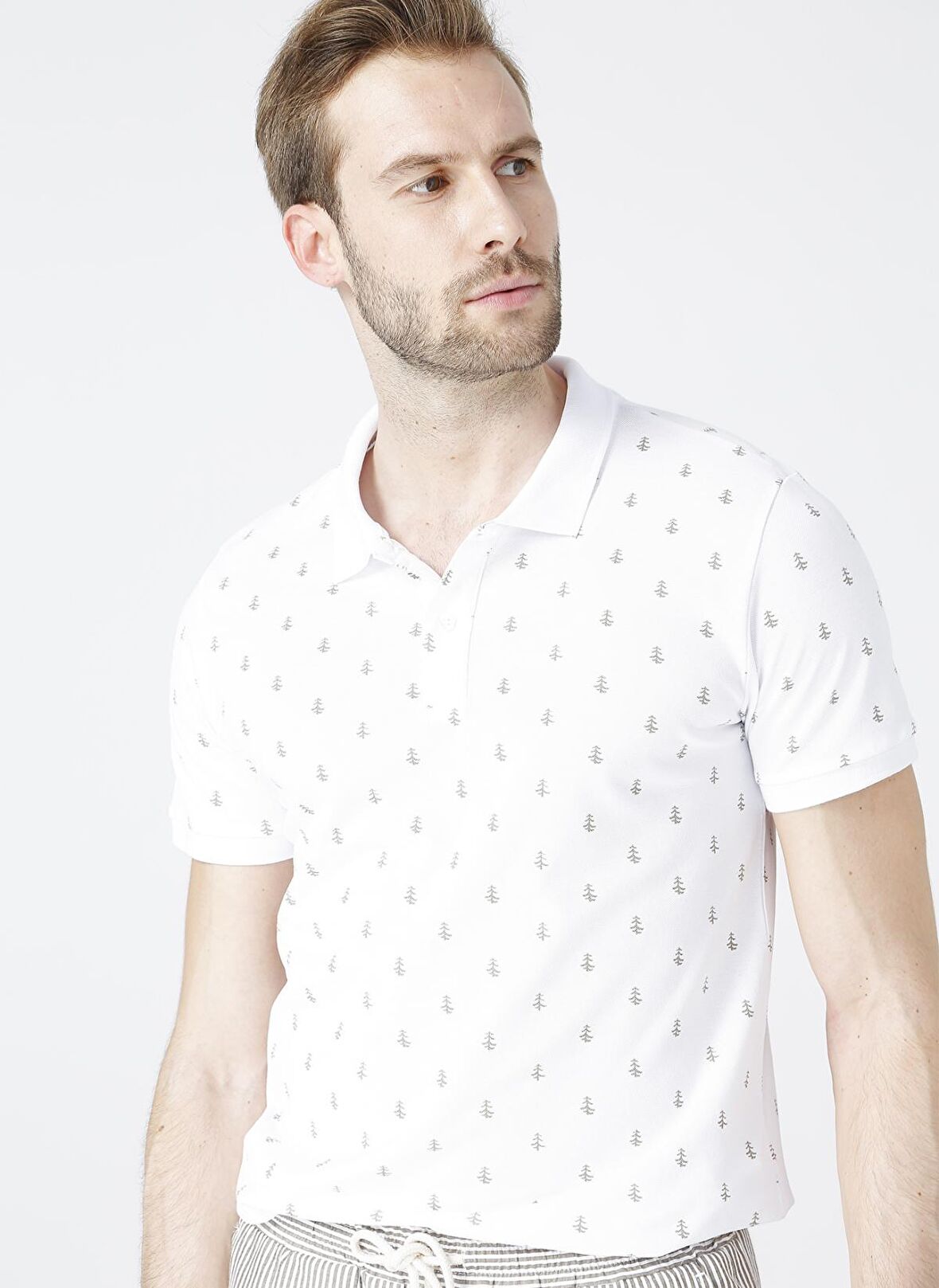 Lee Cooper Polo Yaka Kısa Kol Dar KalıpDesenli Pine Beyaz Erkek T-Shirt