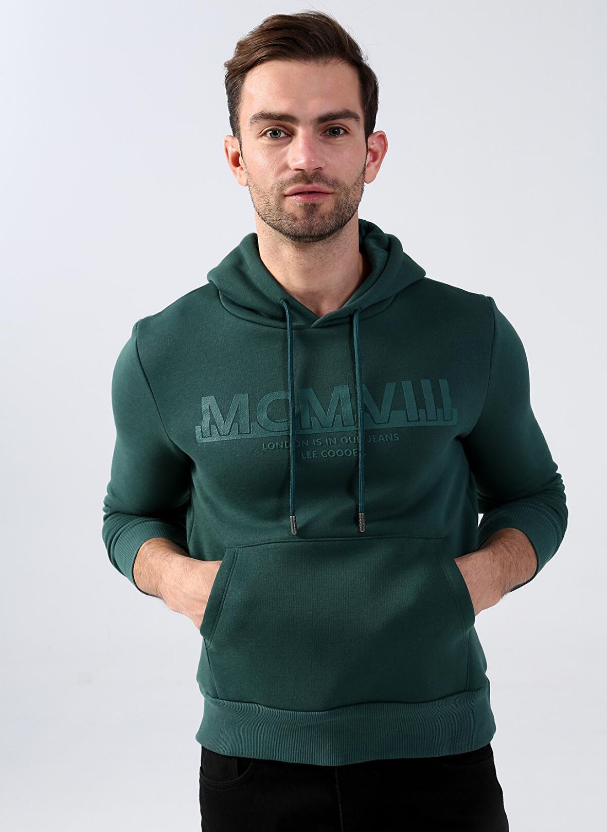 Lee Cooper Kapüşonlu Regular Fit Baskılı Zümrüt Yeşili Erkek Şardonlu Sweatshirt 231 LCM 241016 GAREN