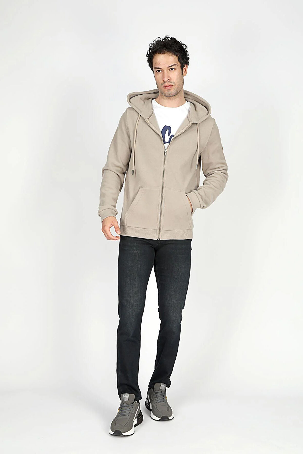 Ruth Erkek Kapüşonlu Fermuarlı Sweatshirt Vizon