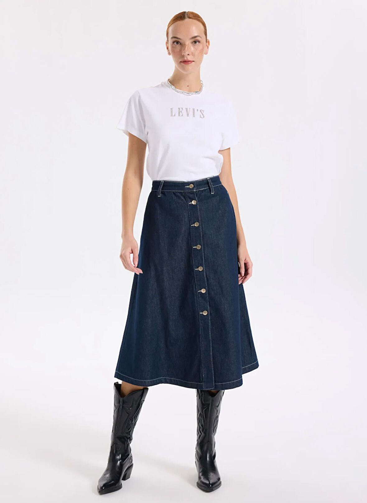 Lee Cooper Normal Bel Koyu Mavi Kadın Düz Midi Etek 261 LCF 126003 MAX DENIM