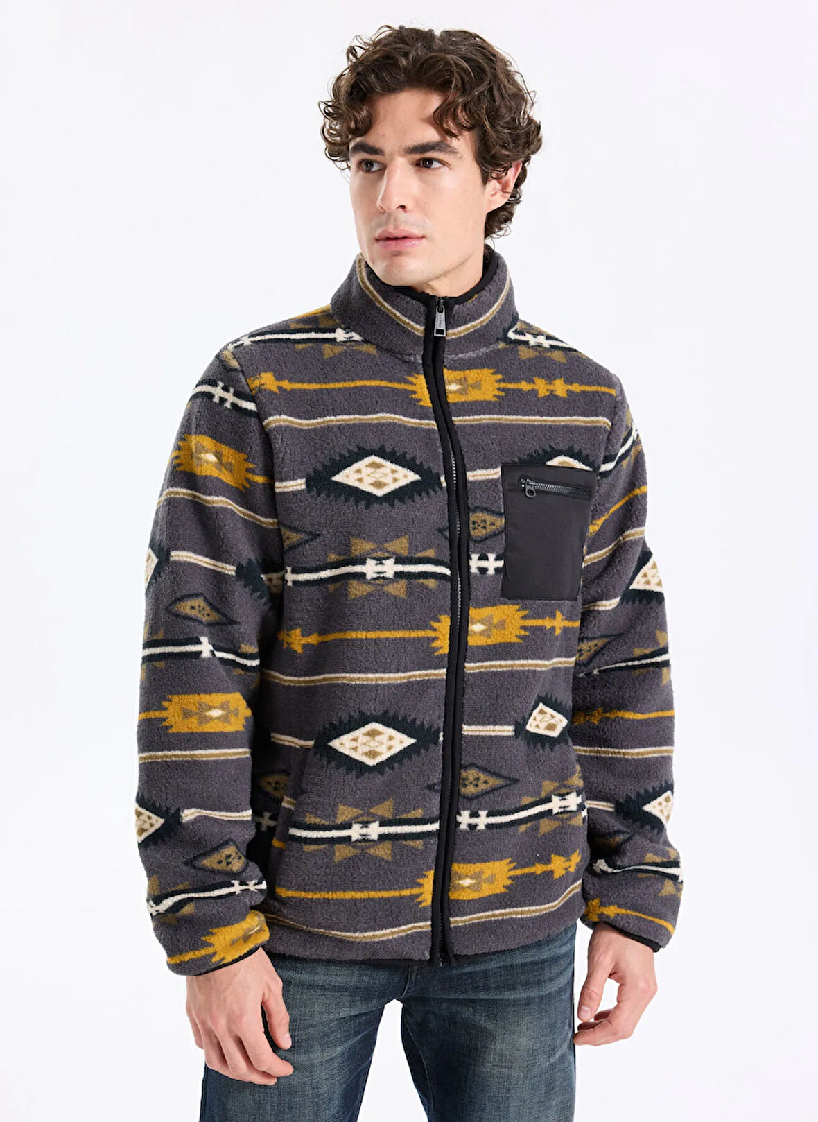 Lee Cooper Dik Yaka Gri Erkek Sweatshırt 261 LCM 241061 FOLKS GRİ DESENLİ