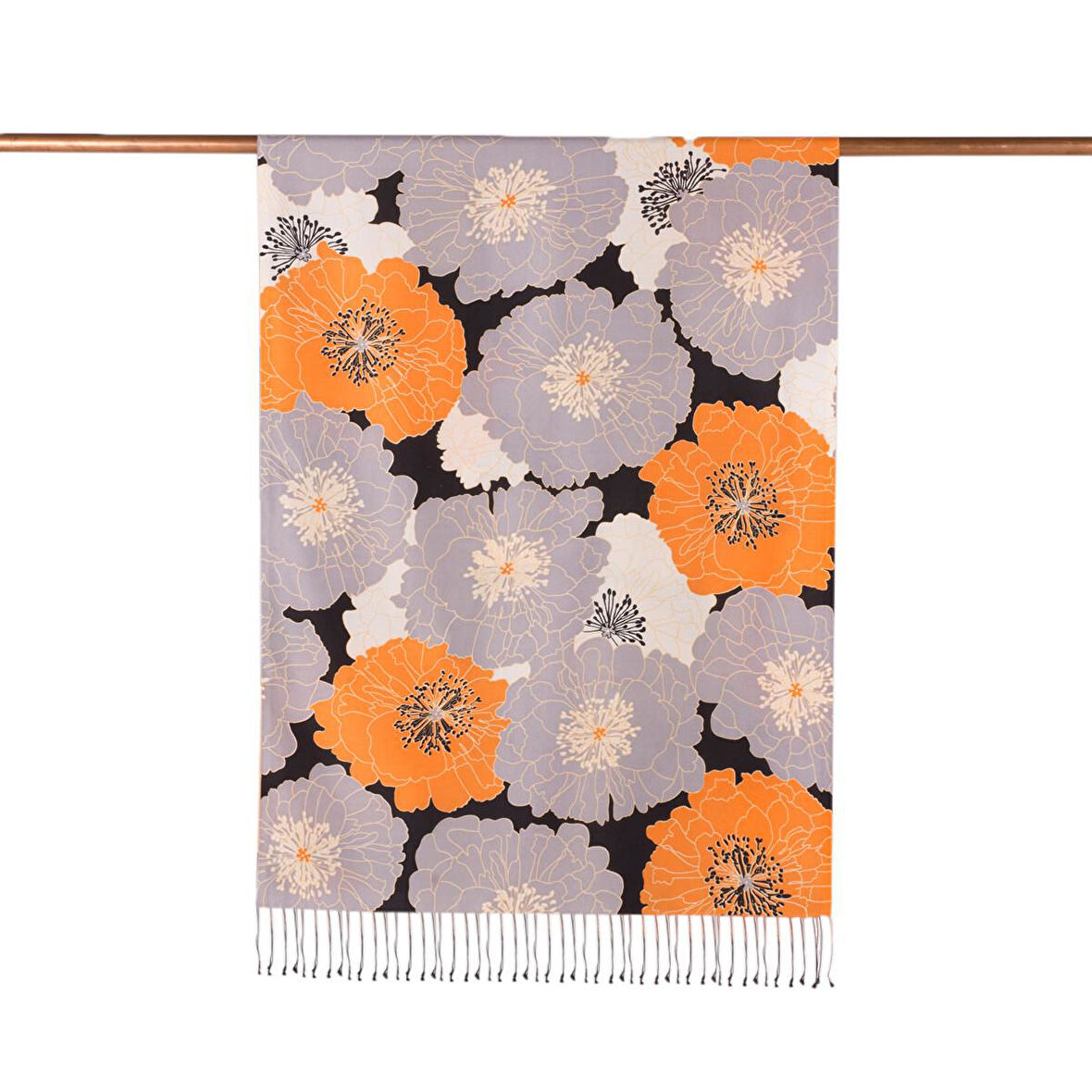 Ortanca Sepeti Desenli İpek Şal 05197 Turuncu