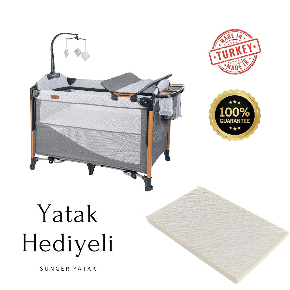 Mamma Luxury Alüminyum Anne Yanı Organizerli Dönenceli Park Yatak Beşik 70 x 110 cm. ( Sünger Yatak Hediyeli )