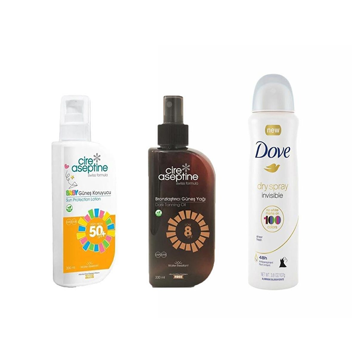 Cire Aseptine Güneş Koruyucu ve Bronzlaştırıcı Yağ + Dove Kadın Deodorant 3'lü Set