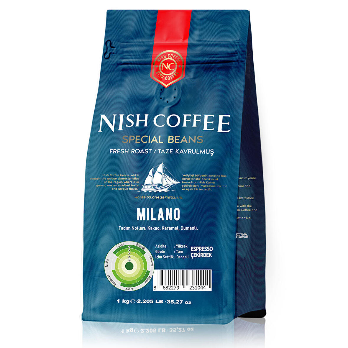 Nish Kahve Espresso Milano Orta Sert-Sert İçim Kenya Çekirdek Kahve 1000 gr