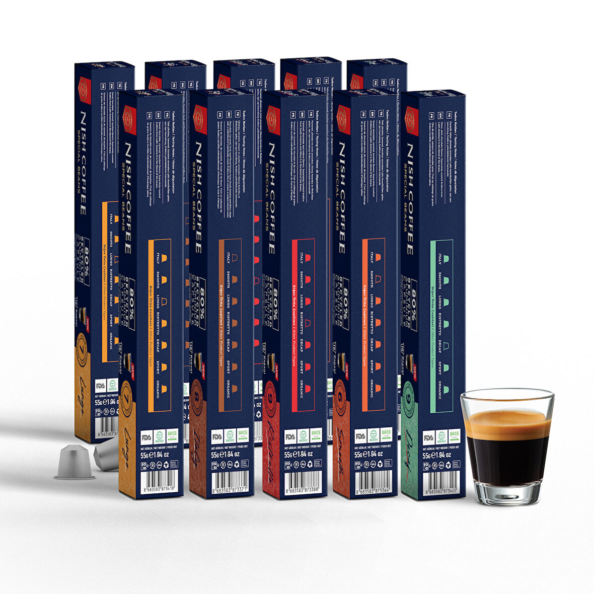 Nish Coffee Kapsül Kahve 10'lu Set (2xLungo,2xItaly,2xRisteretto,2xSmooth,2xDecaf)-100 Adet