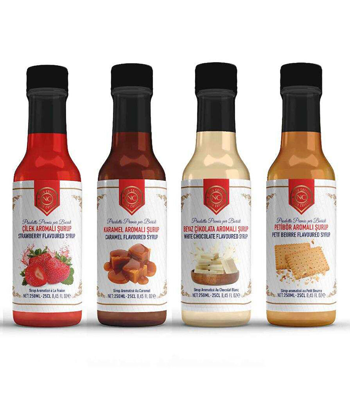 Nish Çilek, Karamel, Beyaz Çikolata, Petibör Aromalı Şurup 4x250 ML - Pet Şişe