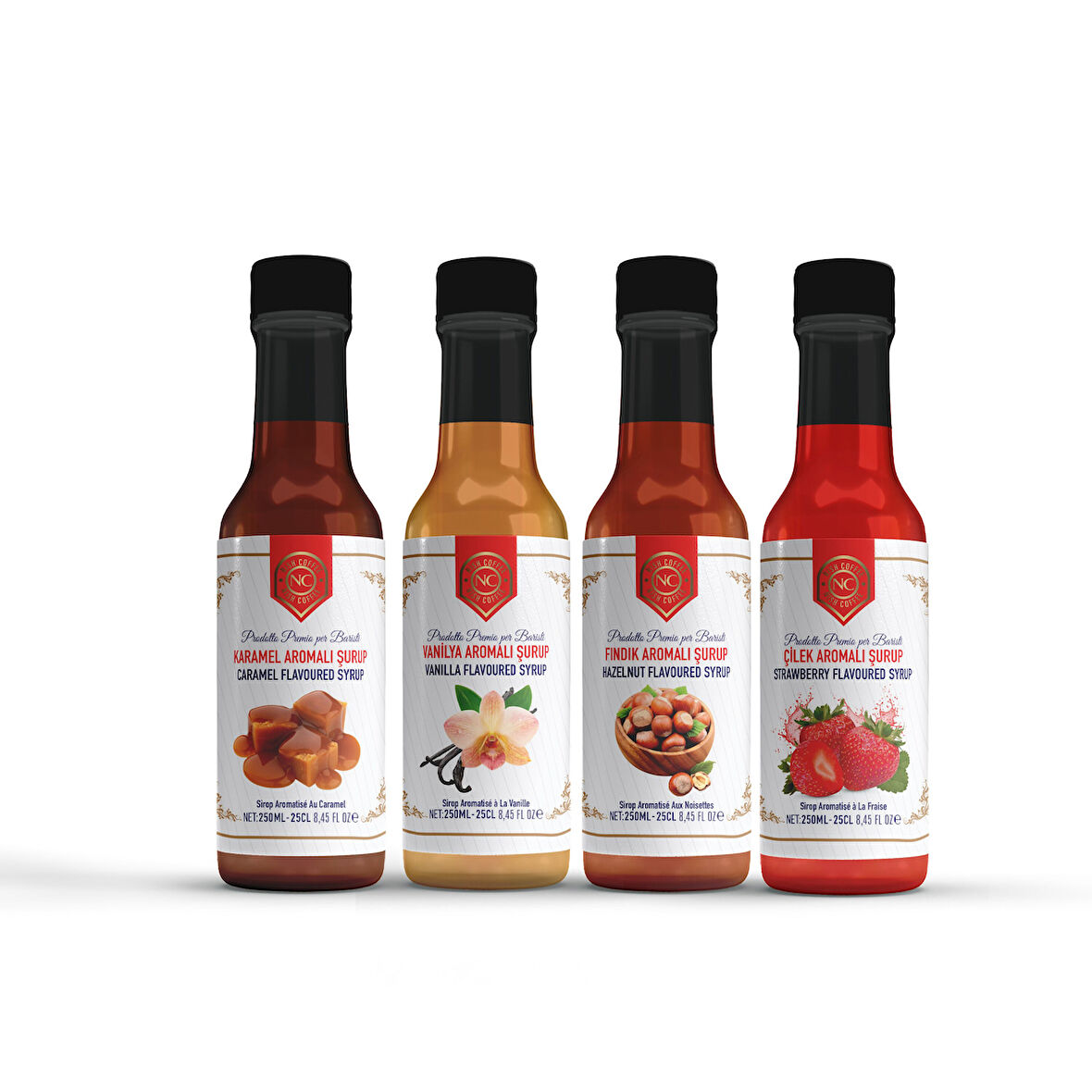 Nish Karamel, Vanilya, Fındık, Çilek Aromalı Şurup 4'lü Set (4x250 ML)-Pet Şişe