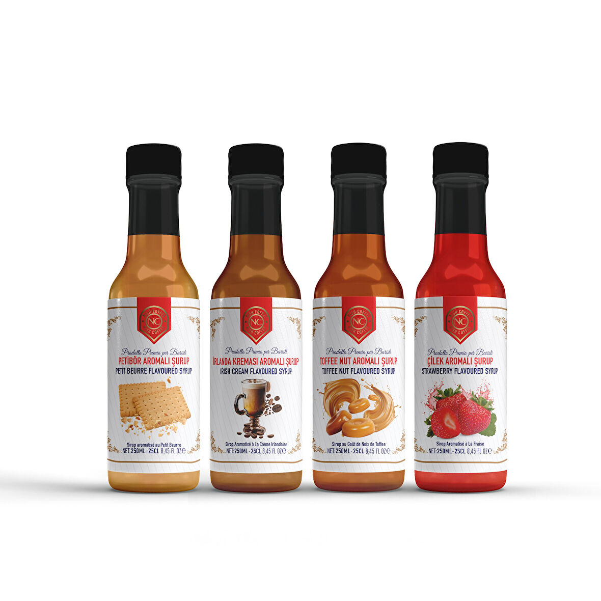 Nish Petibör, Irish Cream, Toffee Nut, Çilek Aromalı Şurup 4'lü Set (4x250 ML)-Pet Şişe