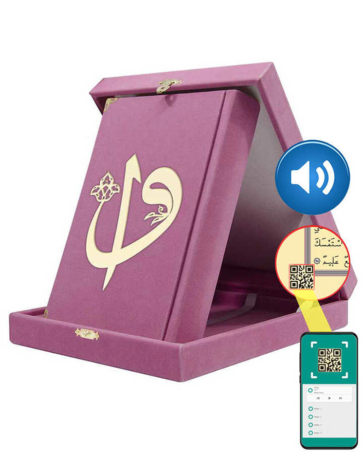 Kadife Kutulu Kur'an-ı Kerim (Rahle Boy, Elif-Vavlı, Pembe)