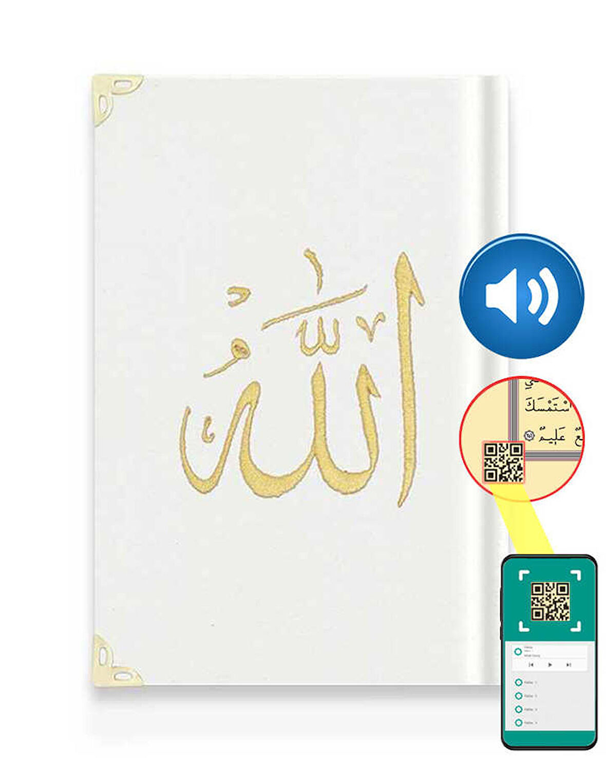 Orta Boy Kadife Kur'an-ı Kerim (Beyaz, Nakışlı,  Yaldızlı, Mühürlü)