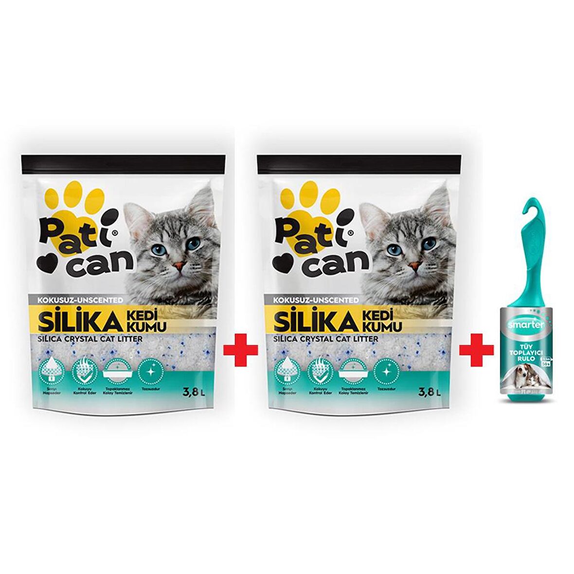 PATİCAN 2 ADET SİLİKA KRİSTAL KEDİ KUMU 3.8LT+SMARTER TÜY TOP.