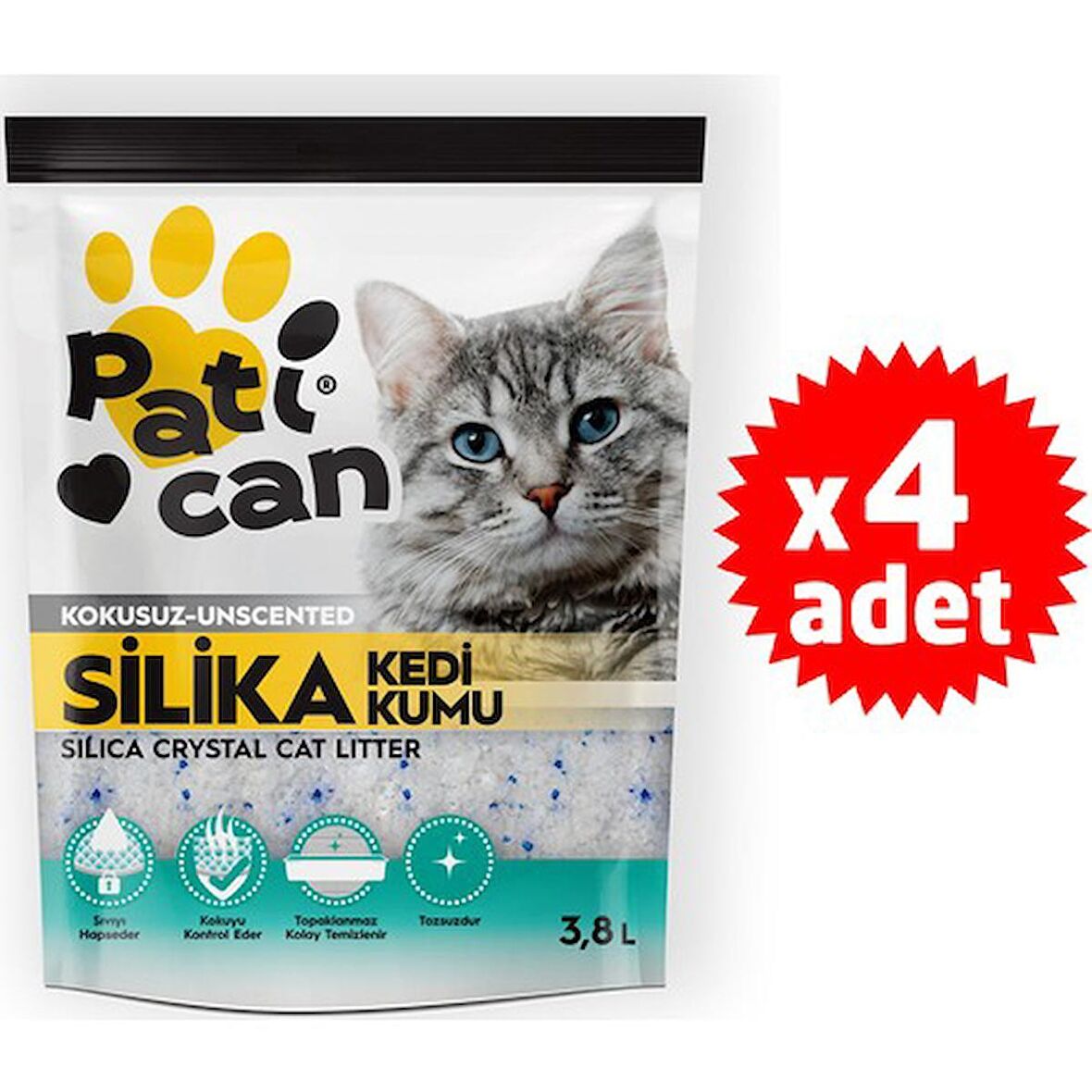 4 ADET PATİCAN SİLİKA KRİSTAL KEDİ KUMU 3.8 LT