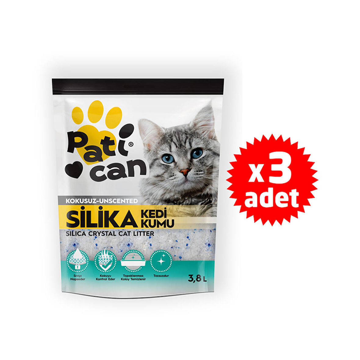 PATİCAN 3 ADET SİLİKA KRİSTAL KEDİ KUMU 3.8 LT