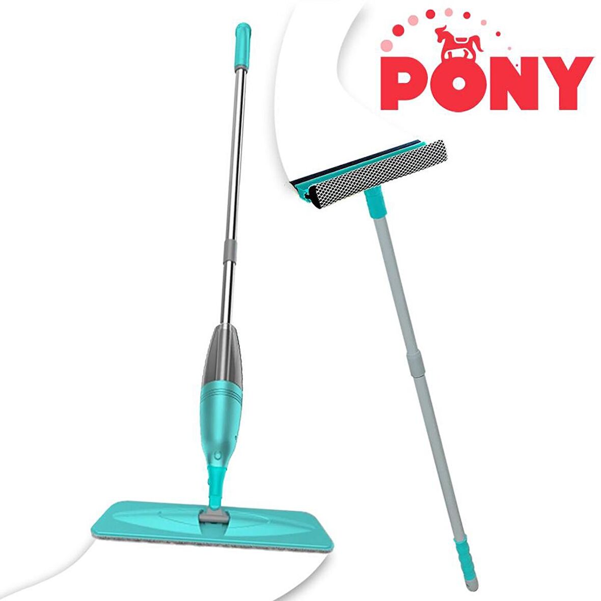 PONY SÜPER 2 Lİ SPREY MOP + TELESKOPİK SAPLI CAM SİLECEĞİ YEŞİL PASPAS TEMİZLİK SETİ