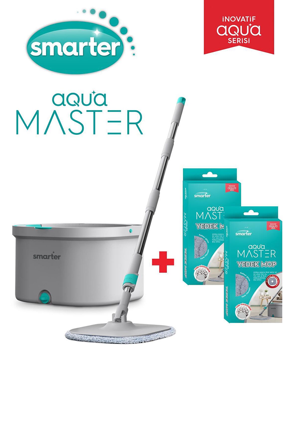 SMARTER AQUA MASTER TEMİZLİK SETİ + 2 ADET YEDEK MOP TEMİZ & KİRLİ SUYU AYIRMA ÖZELLİĞİ OTOMATİK TEMİZLİK SETİ MOP PASPAS 