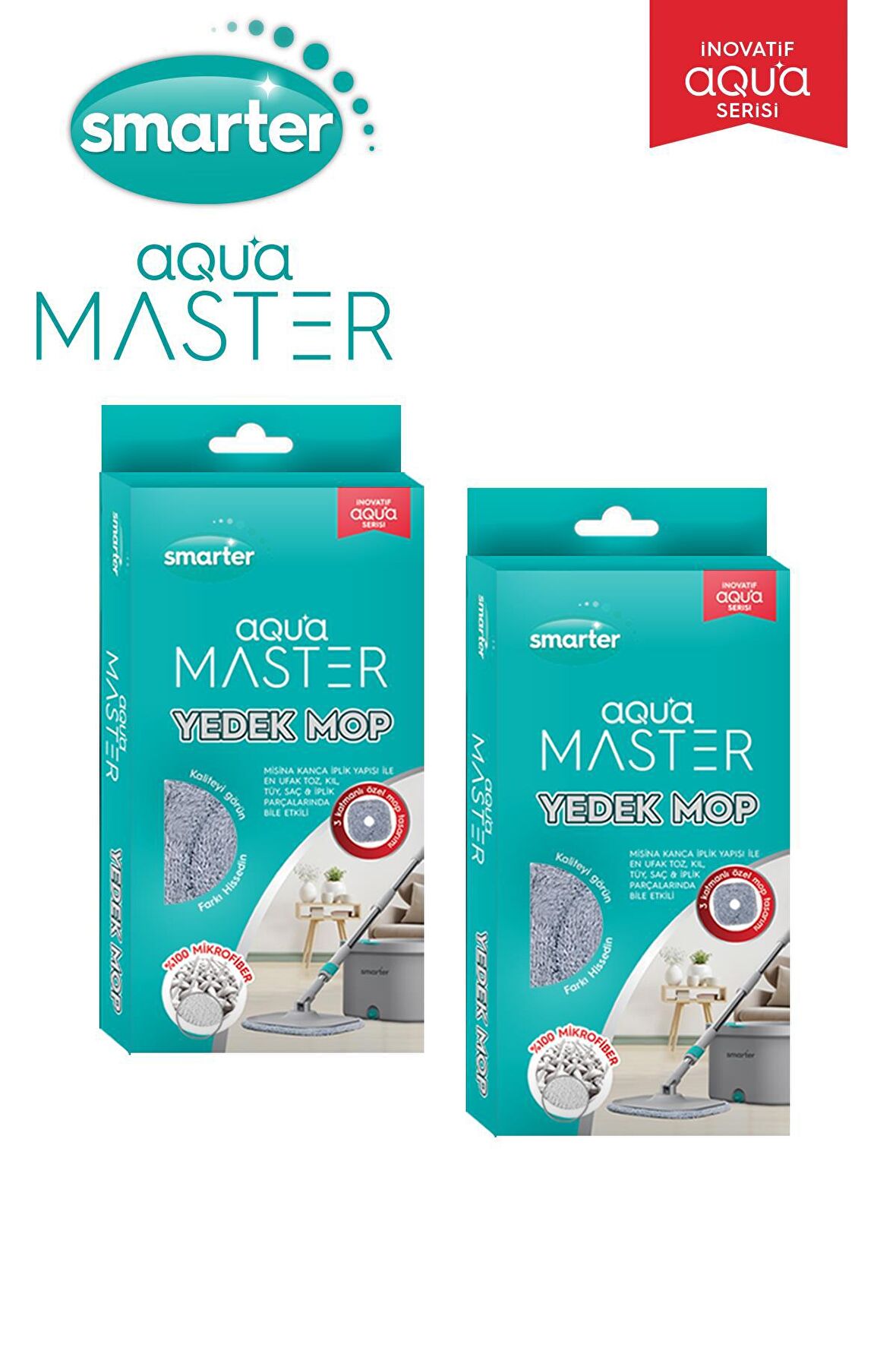 SMARTER AQUA MASTER 2 YEDEK MOP TEMİZ & KİRLİ SUYU AYIRMA ÖZELLİĞİ OTOMATİK TEMİZLİK SETİ MOP PASPAS 