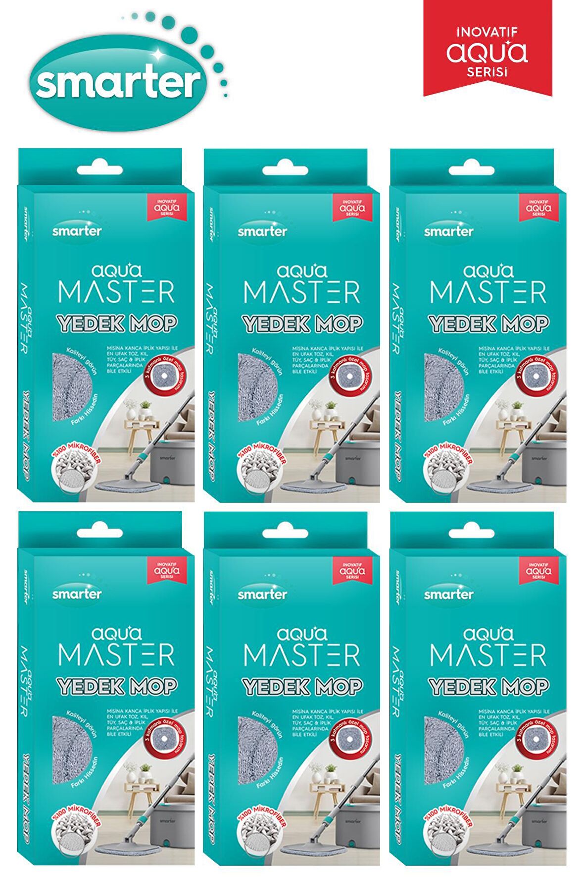 SMARTER AQUA MASTER 6 YEDEK MOP TEMİZ & KİRLİ SUYU AYIRMA ÖZELLİĞİ OTOMATİK TEMİZLİK SETİ MOP PASPAS 