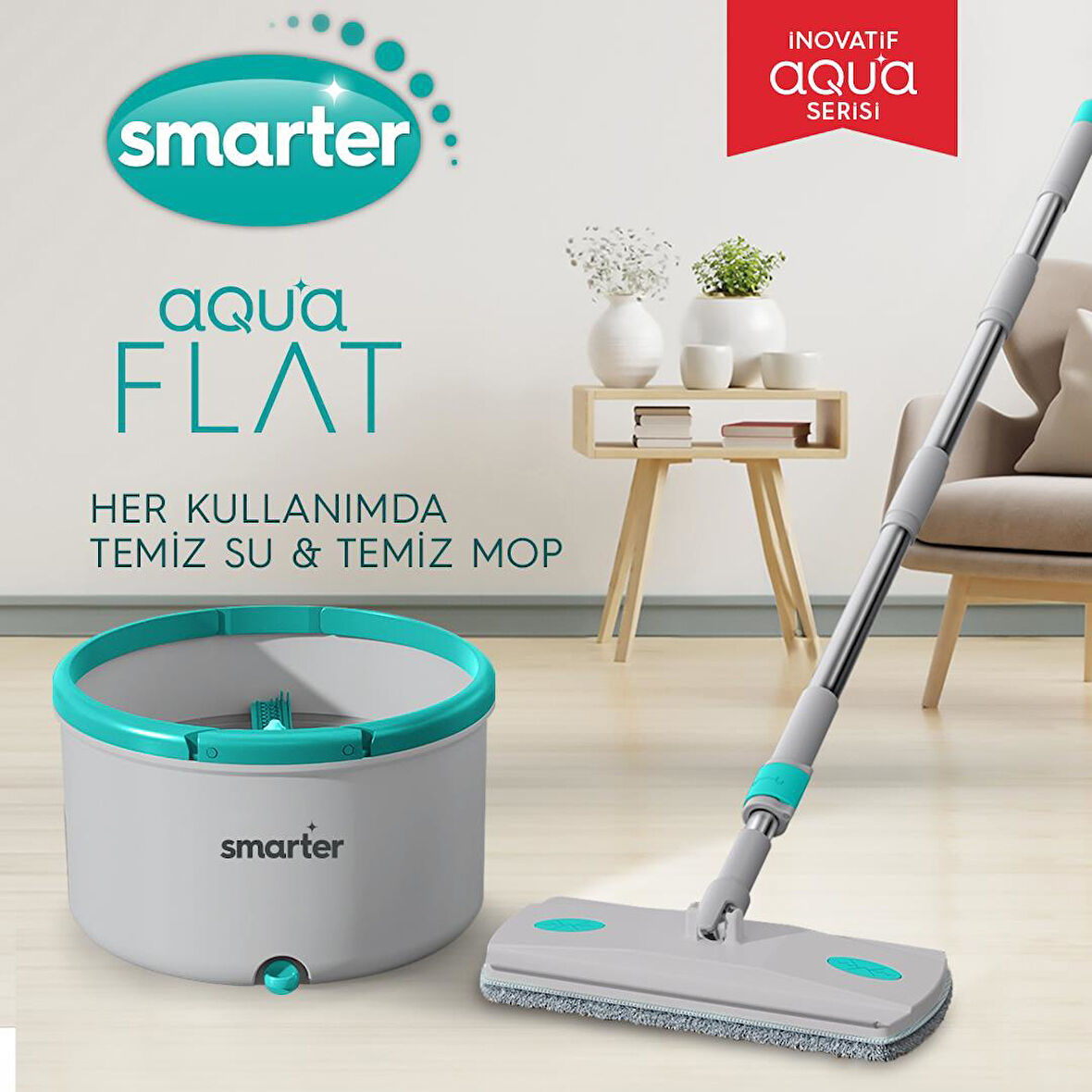 SMARTER AQUA FLAT TEMİZ VE KİRLİ SUYU AYIRMA ÖZELLİĞİ OTOMATİK TEMİZLİK SETİ TABLET MOP PASPAS