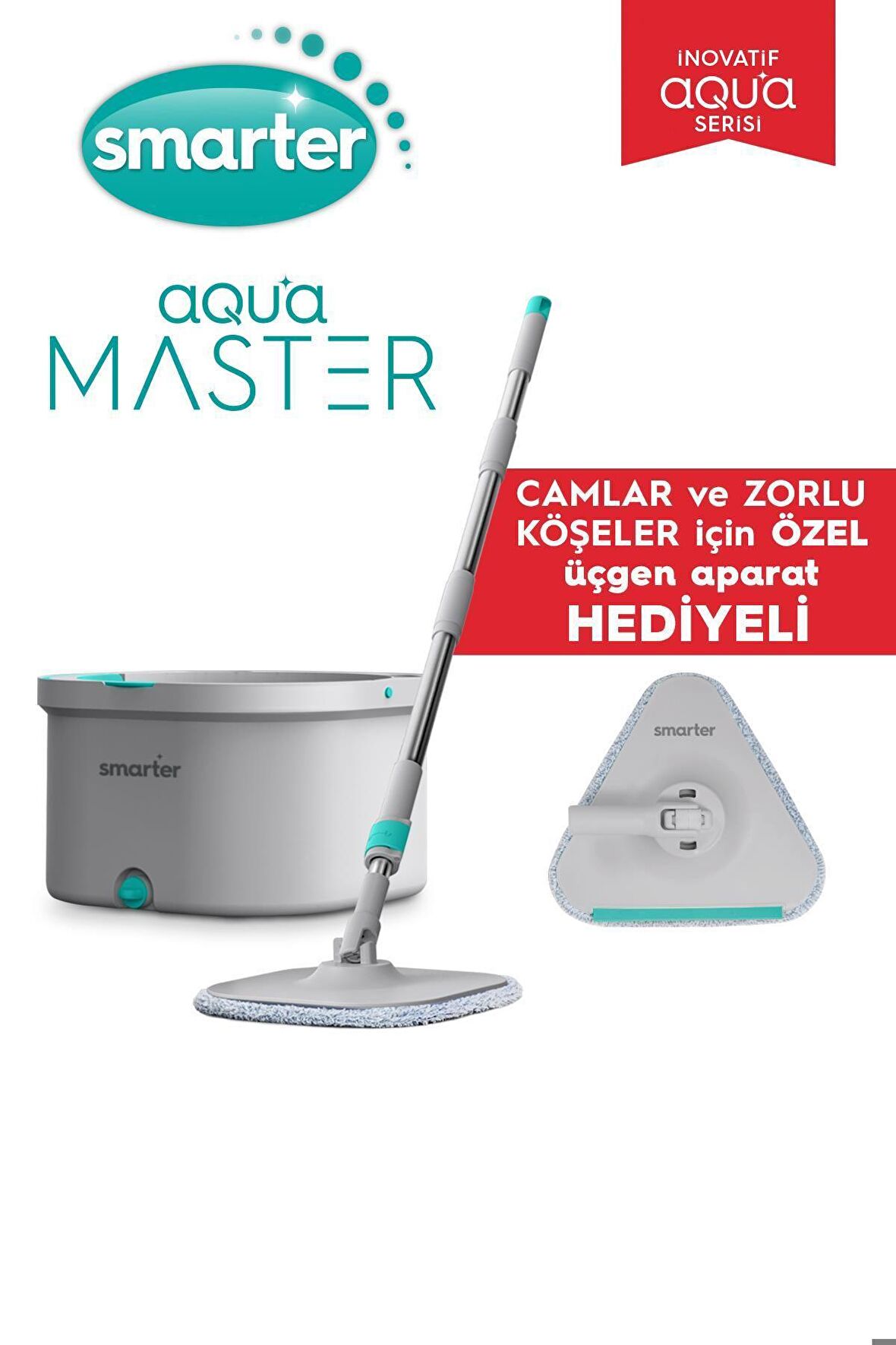 SMARTER AQUA MASTER + ÜÇGEN APARAT TEMİZ & KİRLİ SUYU AYIRMA ÖZELLİĞİ OTOMATİK TEMİZLİK SETİ MOP PASPAS CAM VE KÖŞE İÇİN