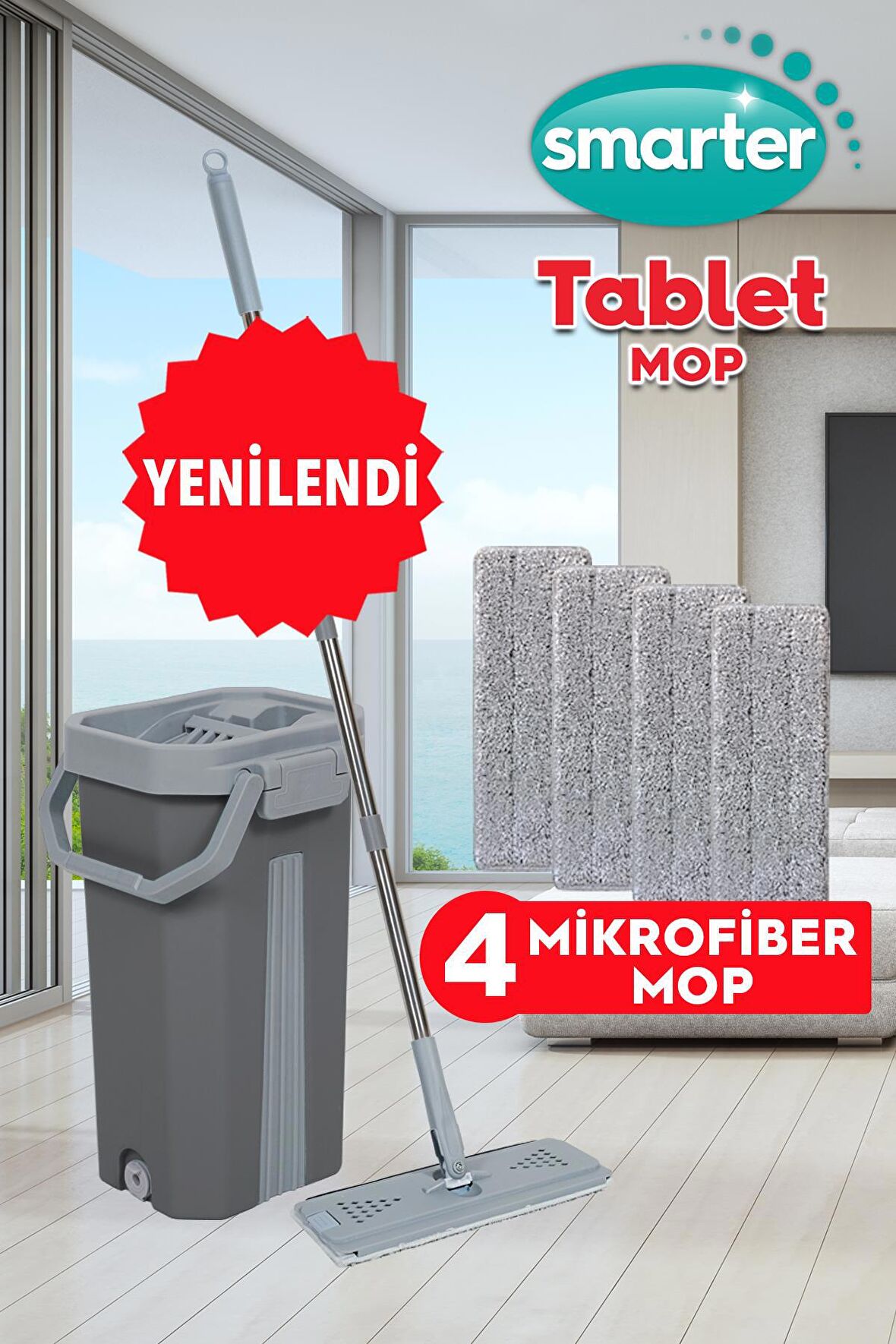 PONY GRİ TABLET MOP 4 ADET YEDEKLİ TEMİZLİK SETİ