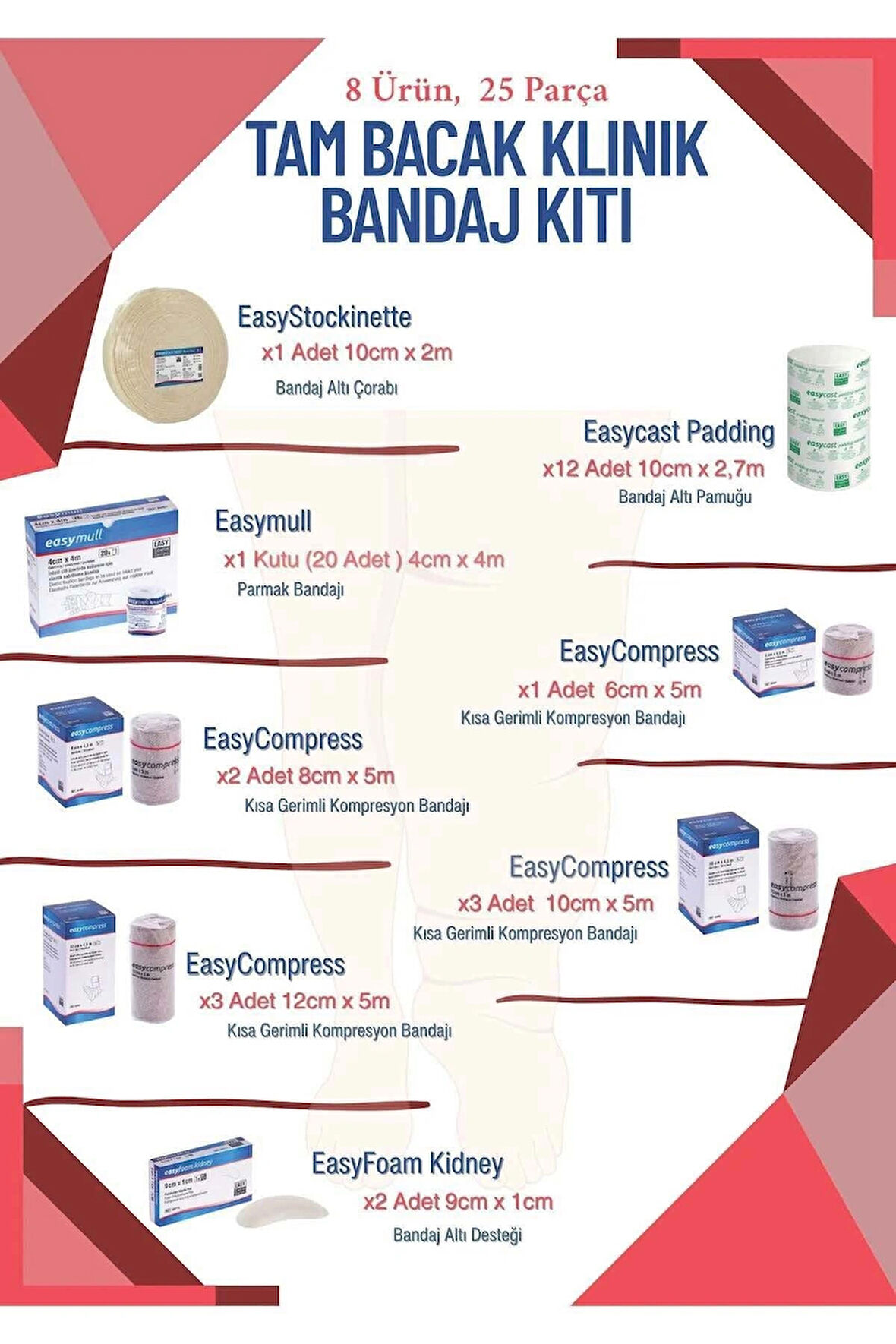 Lenfödem (ALT EKSTREMİTE) Tam Bacak Kompresyon Bandaj Seti