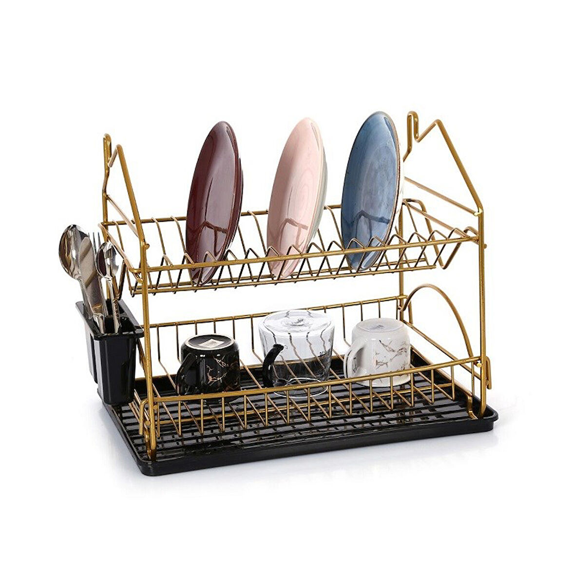 Evim Metal Bulaşıklık Tabaklık Bulaşık Kurutma Sepeti Gümüş 2 Katlı Kurutmalık