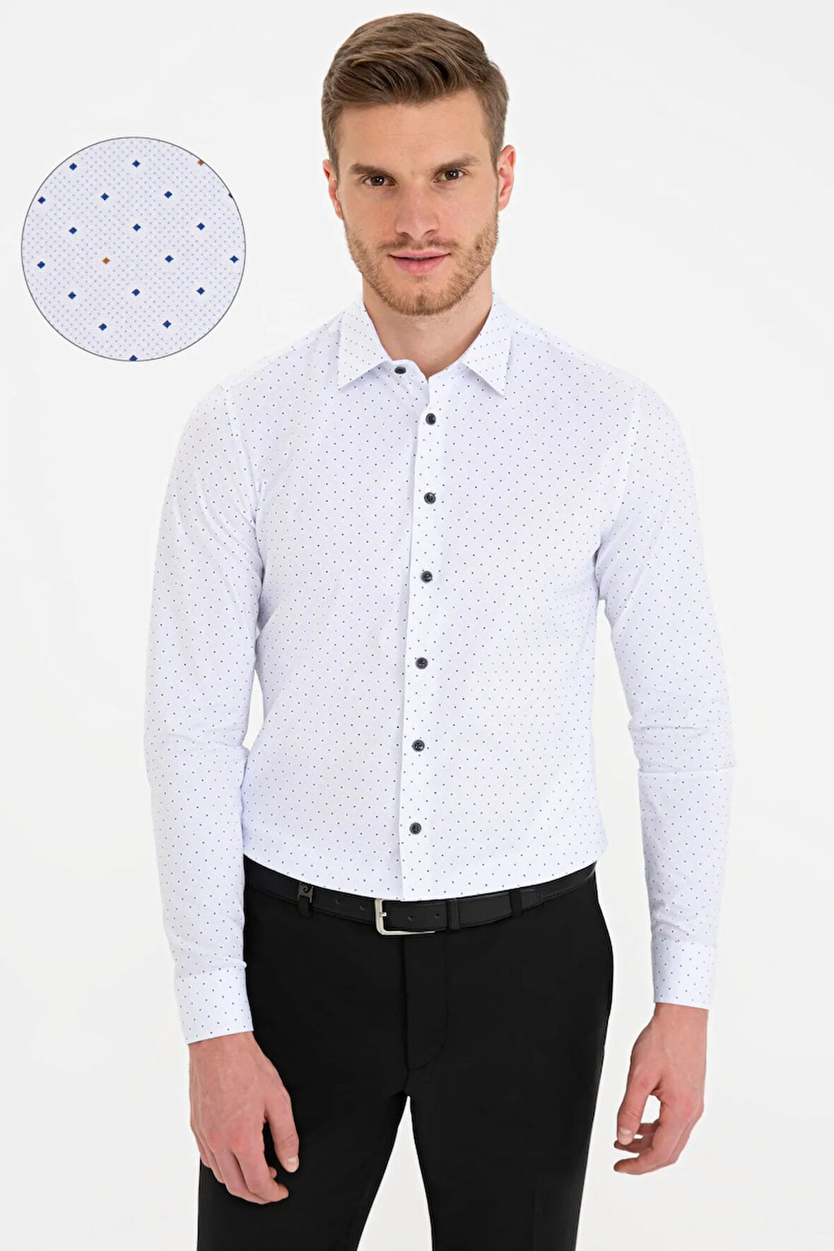 Haki Detaylı Beyaz Ex. Slim Fit Gömlek