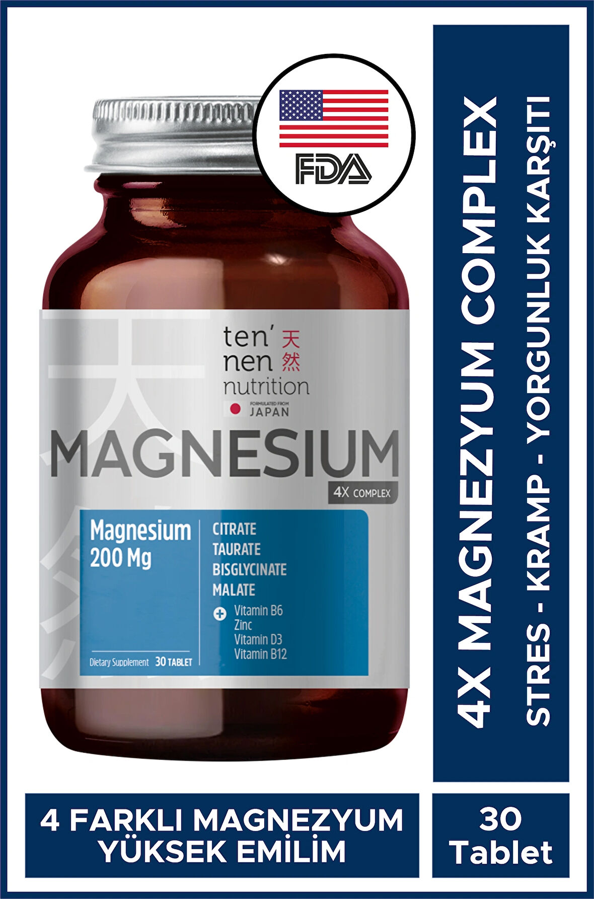 Tennen Nutrition Magnesium Complex - 200 Mg Magnezyum Sitrat, Biglisinat, Taurat, Malat - Vitamin D, B6, B12, Çinko İçerir (30 Tablet)