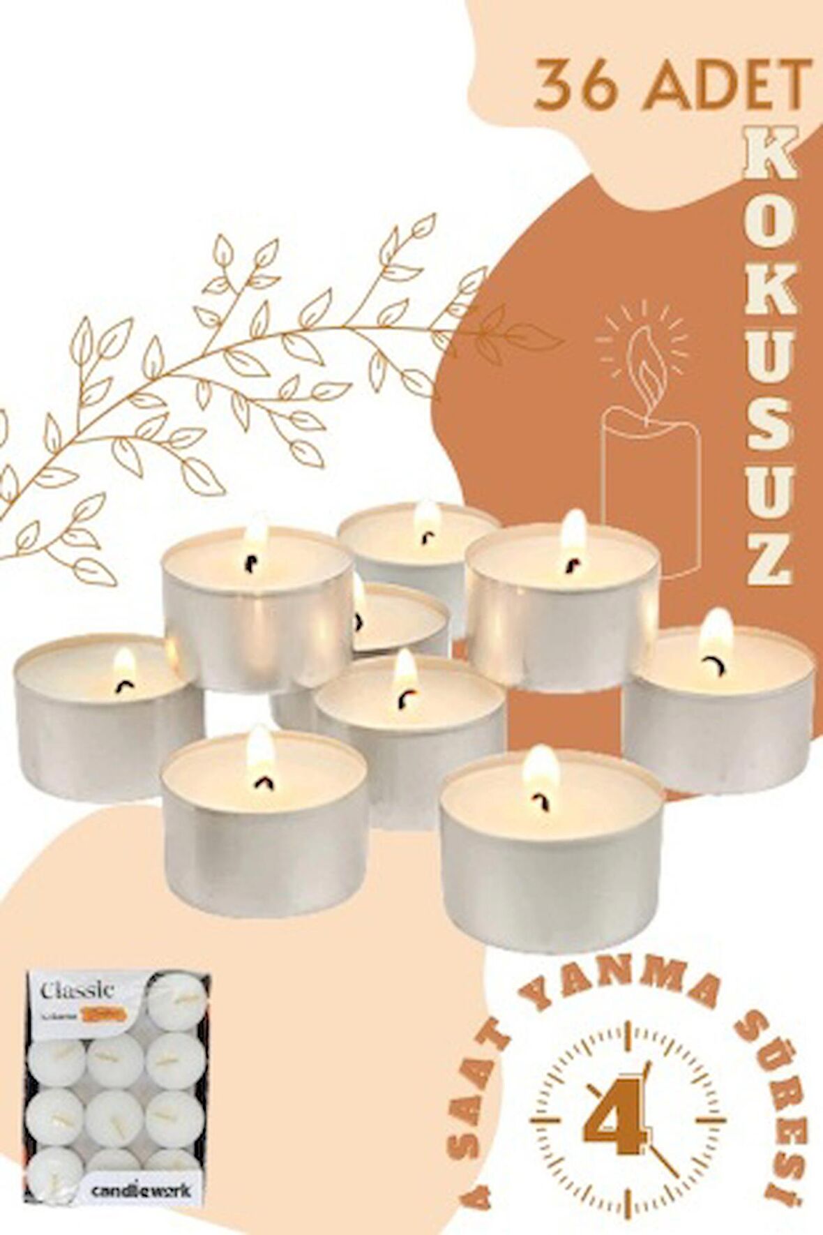 36'lı Classic Tealight Kokusuz Mum Seti %100 Doğal ( 4 Saat Yanma Süresi) - Unscented %100 Natural