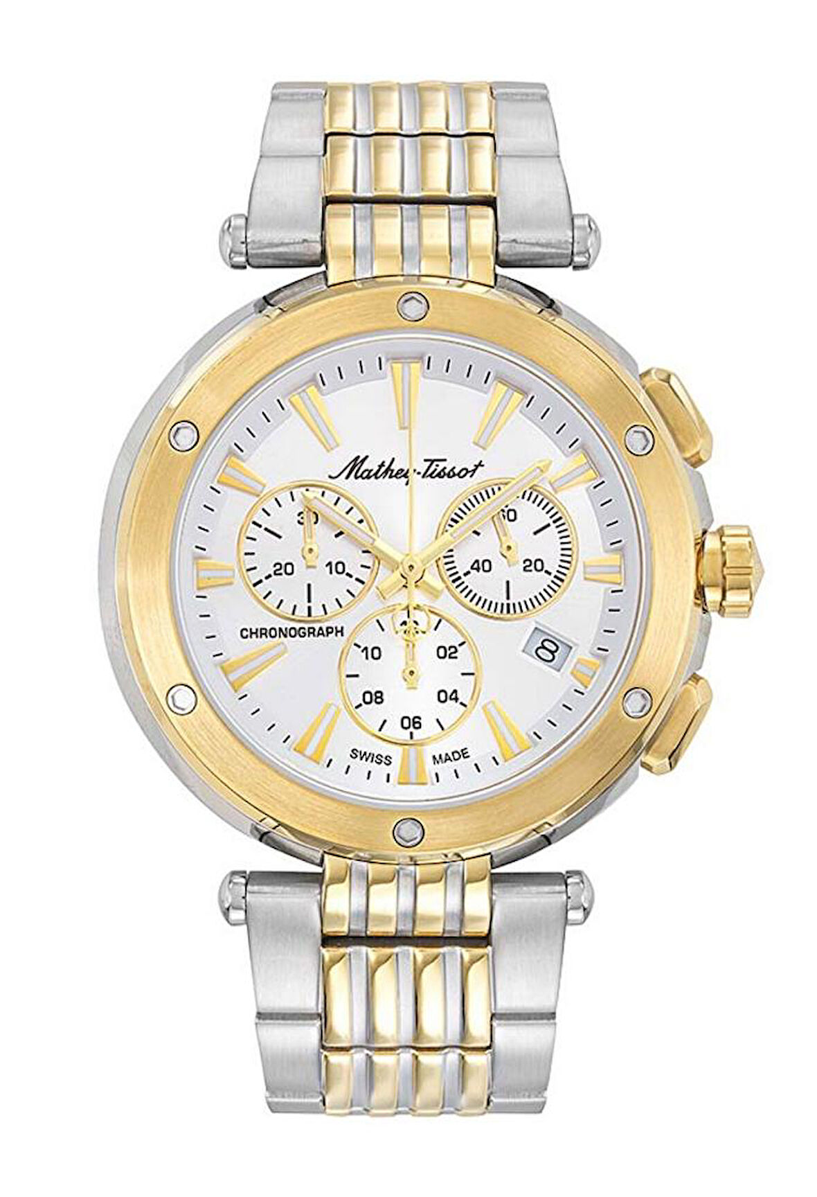 Mathey Tissot H912CHBI Swiss Made Kronograf Mekanizmaya Sahip Safir Camlı 5 ATM Suya Dayanıklı Çelik Kordonlu Metalik-Altın Renk Erkek Kol Saati