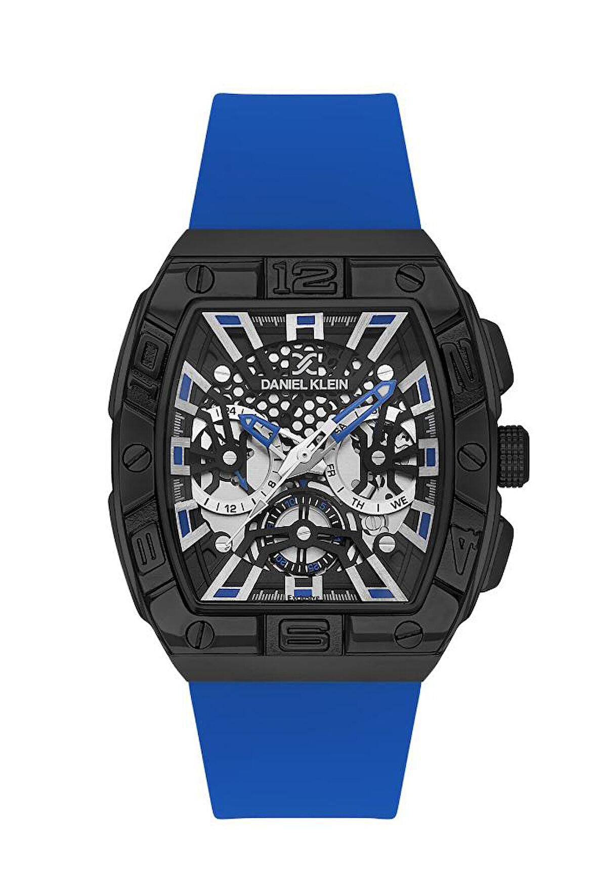 Daniel Klein DK.1.13757-3 Exclusive Dikdörtgen Kasa Tüm Fonksiyonları Aktif 5 ATM Suya Dayanıklı Silikon Kordonlu Mavi Erkek Kol Saati