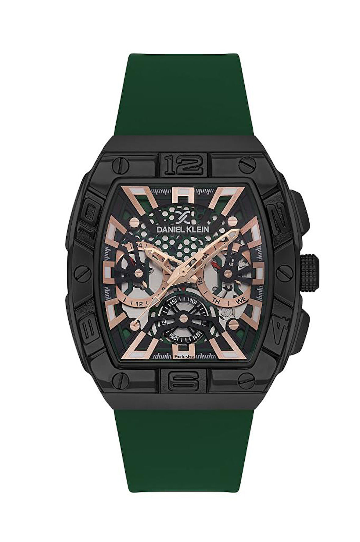 Daniel Klein DK.1.13757-4 Exclusive Dikdörtgen Kasa Tüm Fonksiyonları Aktif 5 ATM Suya Dayanıklı Silikon Kordonlu Yeşil Erkek Kol Saati