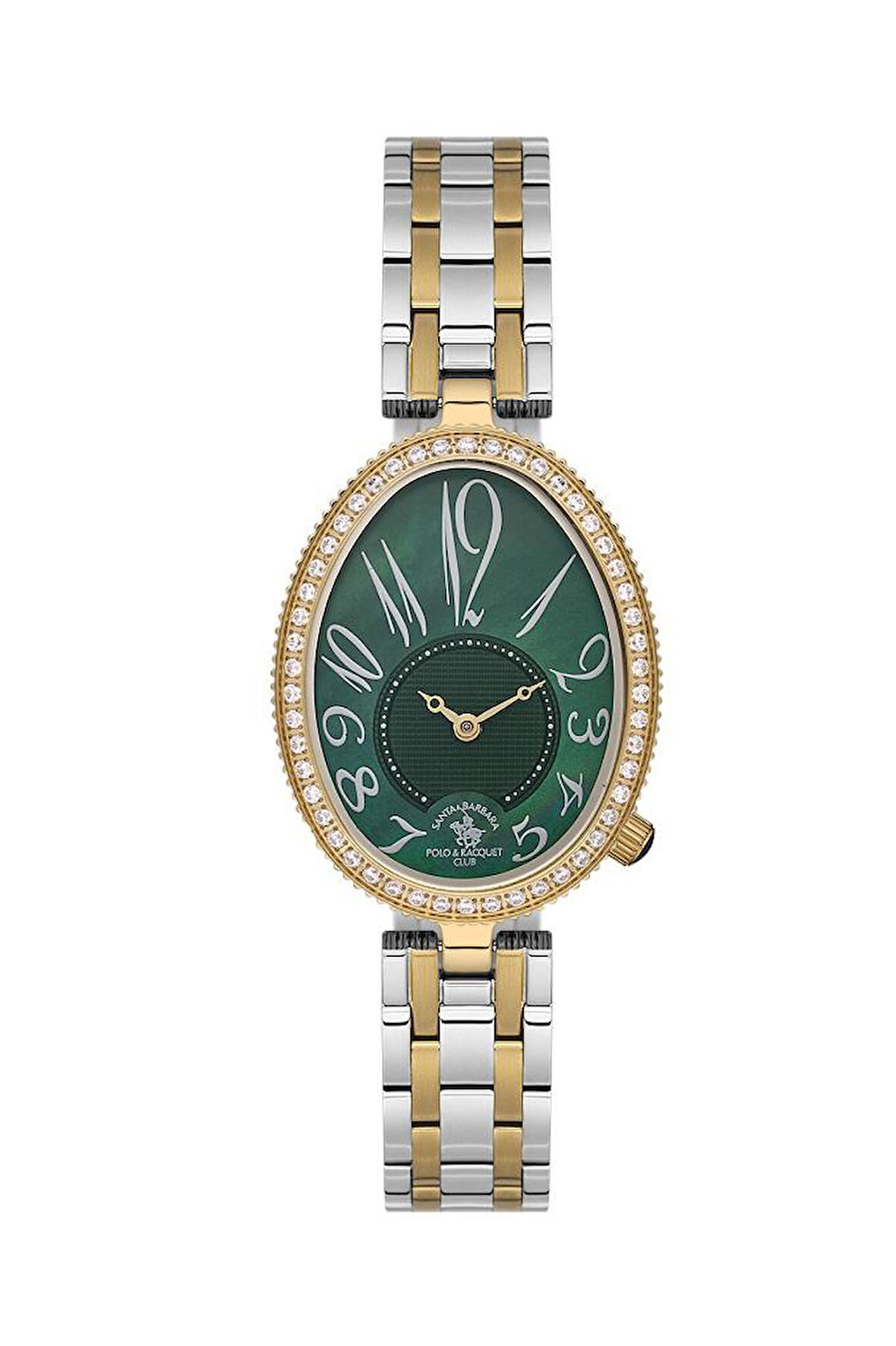 Santa Barbara Polo SB.1.10613-4 Taşlı Tasarım Oval Kadran Çelik Kordonlu 5 ATM Suya  Dayanıklı Gümüş-Altın Kadın Kol Saati